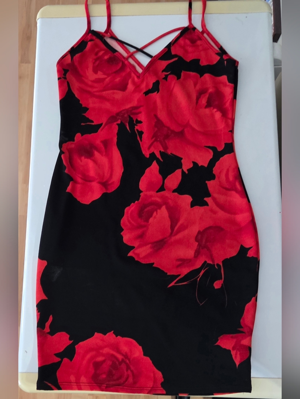 Red Floral Dress with Strappy V-Neck